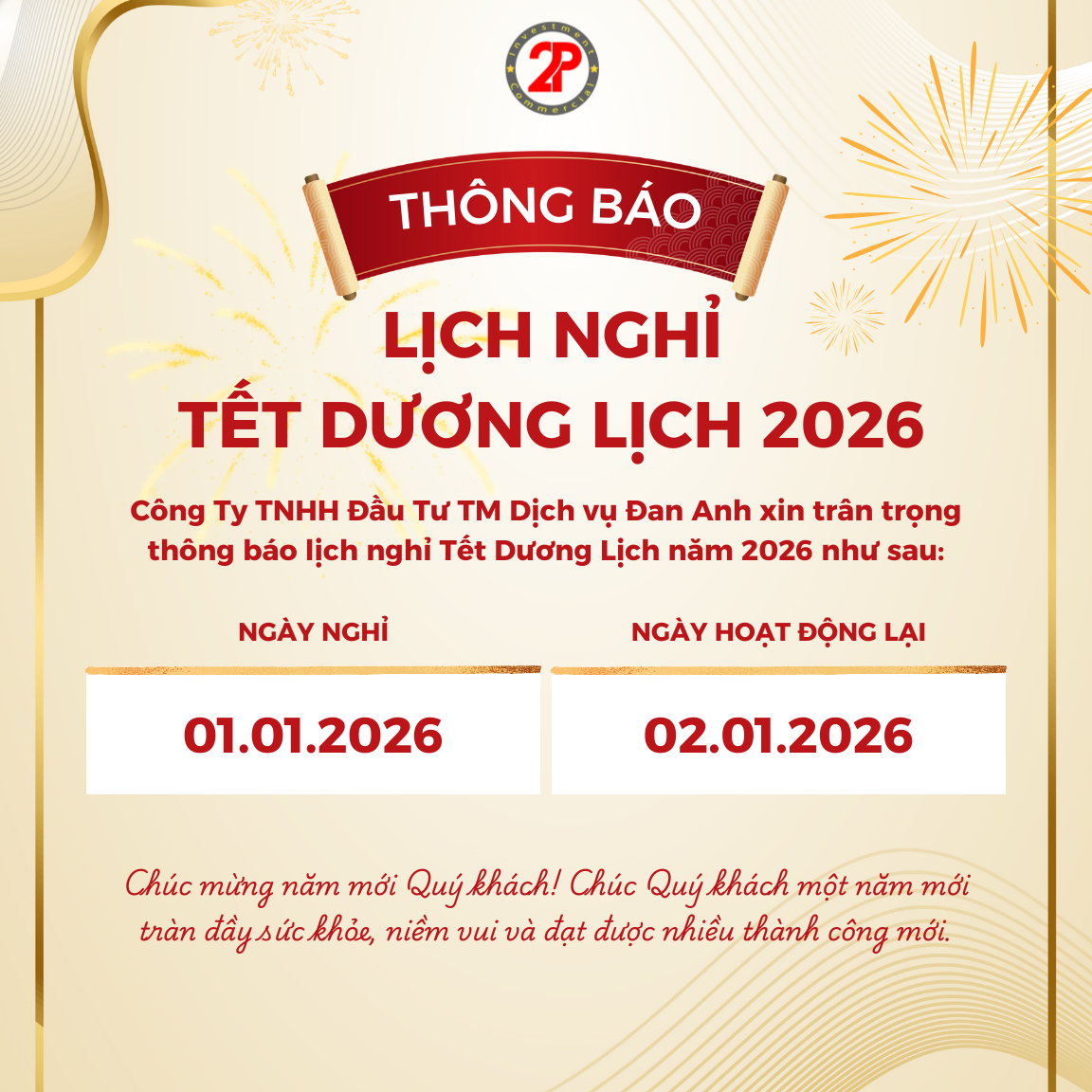 Thông báo lịch nghỉ tết Dương Lịch 2026